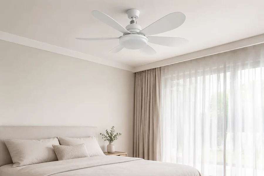 White ceiling fans in minimalist interiors
