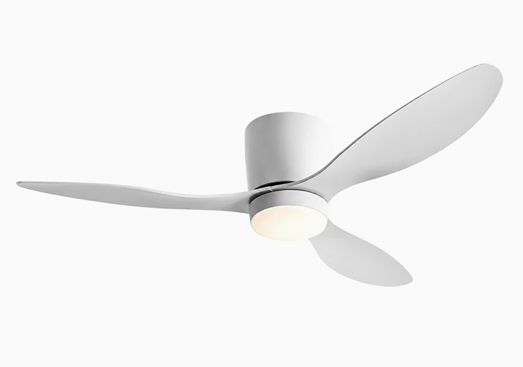 Minimalist ceiling fan light integrated into a Scandinavian-inspired residential patio