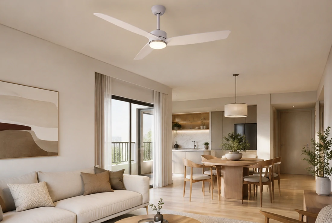 Integrated ceiling fan light serving an open-plan apartment living and dining space