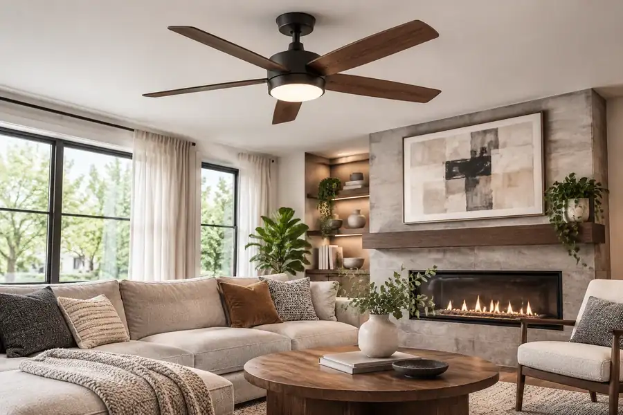 Modern ceiling fan finish matched with living room palette