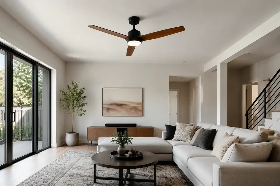 Modern ceiling fan mounting height in a living room