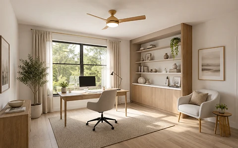 Modern ceiling fan light installed in a Scandinavian home office