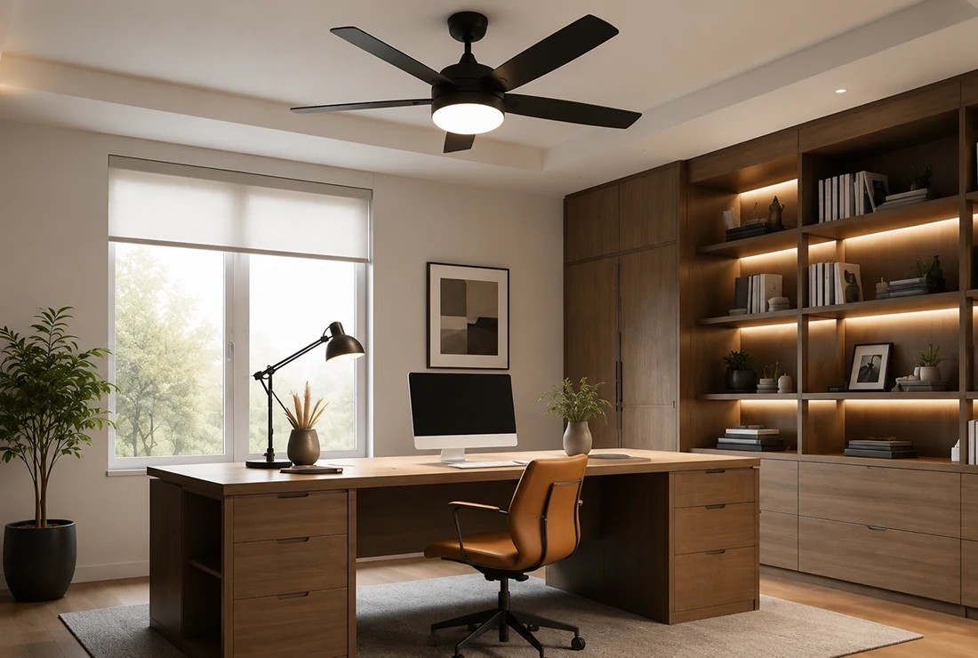 Ceiling fan light solution for modern home office workspace design