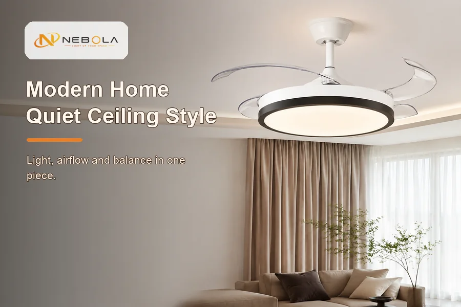 Modern interior design ceiling fan style hero banner with NEBOLA logo