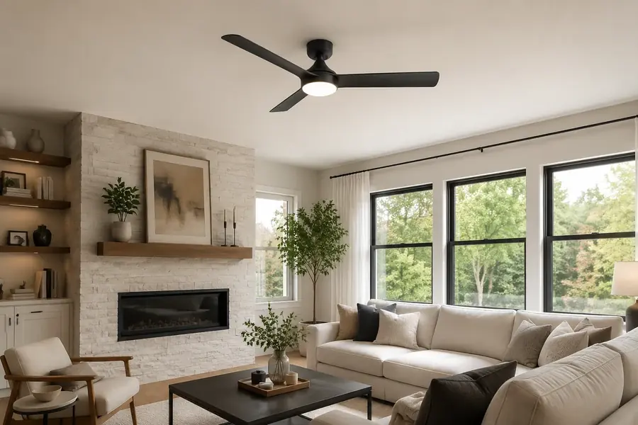 Modern living room ceiling fan with soft integrated light