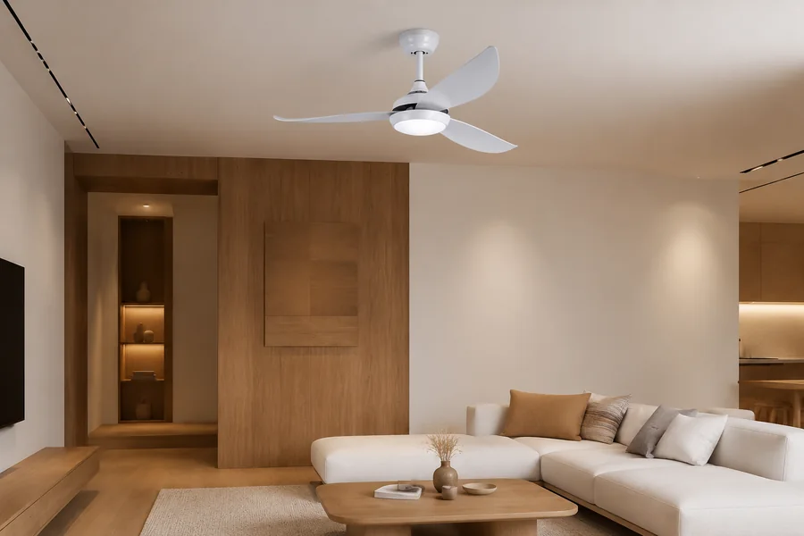 Modern living room colour palette with white ceiling fan