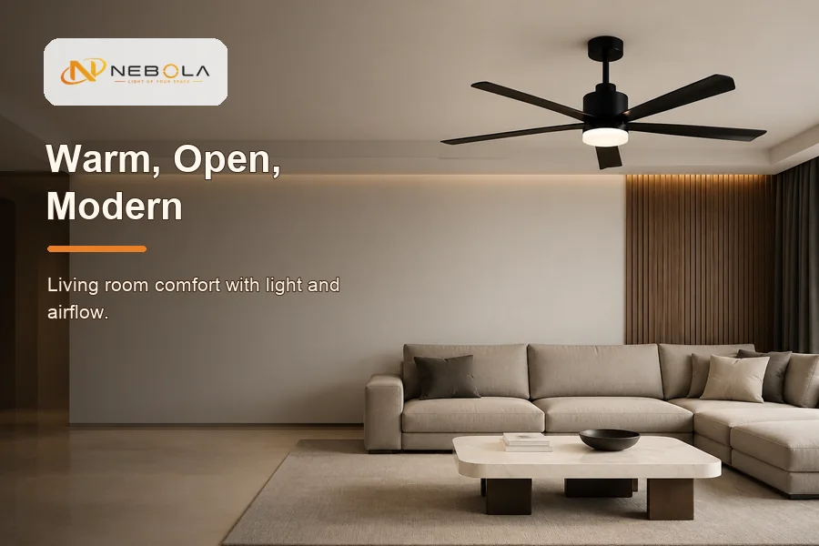 Modern living room design ideas banner with NEBOLA logo and statement ceiling fan