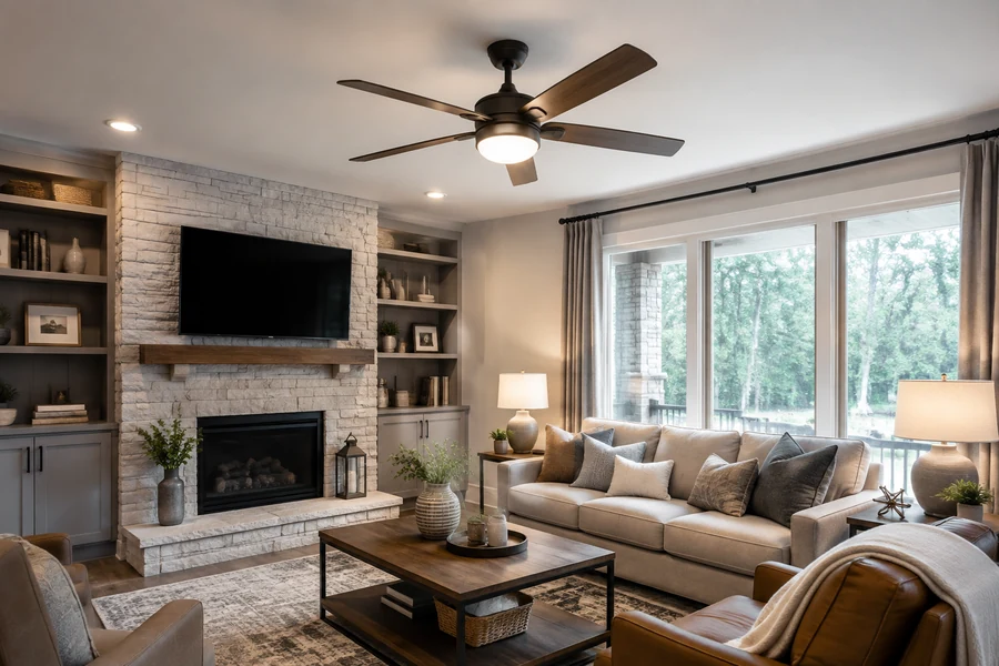 Modern living room ceiling fan light style and brightness match
