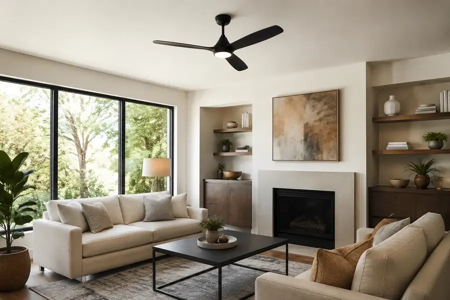 Modern living room ceiling fan size matched to room scale