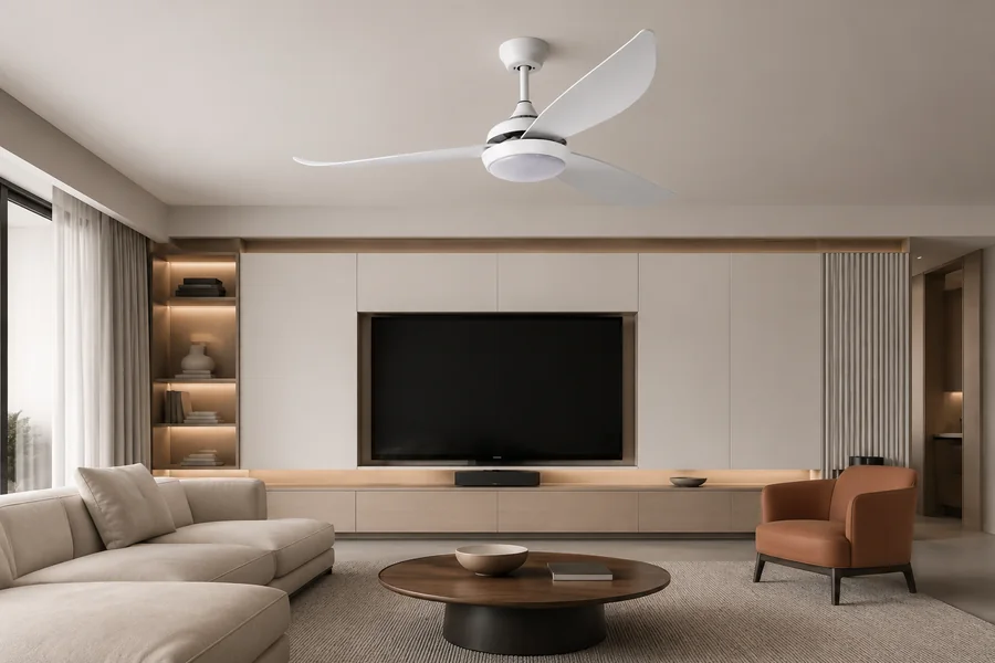 Modern media wall with balanced ceiling fan light
