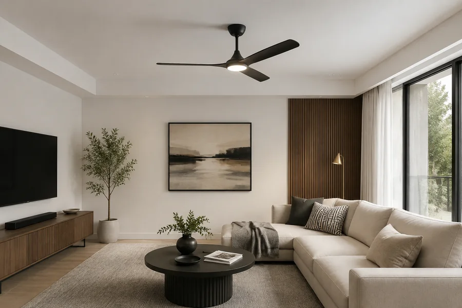 Modern minimalist contemporary ceiling fan hero image for a polished living room