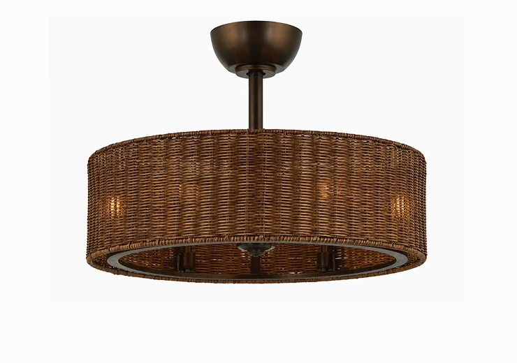 Modern ceiling fan light positioned above an outdoor residential dining table