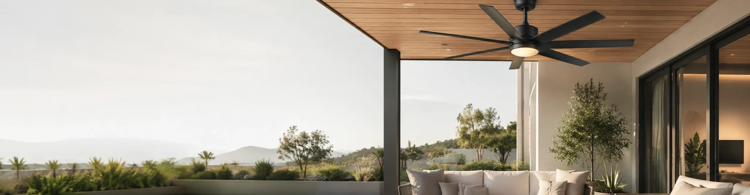 Modern patio ceiling fan light installed in a contemporary residential outdoor space