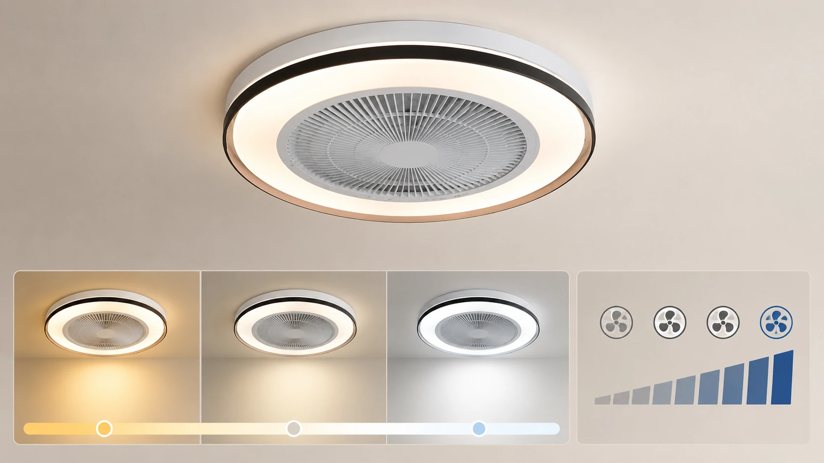 NE-RCFB10 interface showing dimmable lighting, 3CCT and fan speed controls