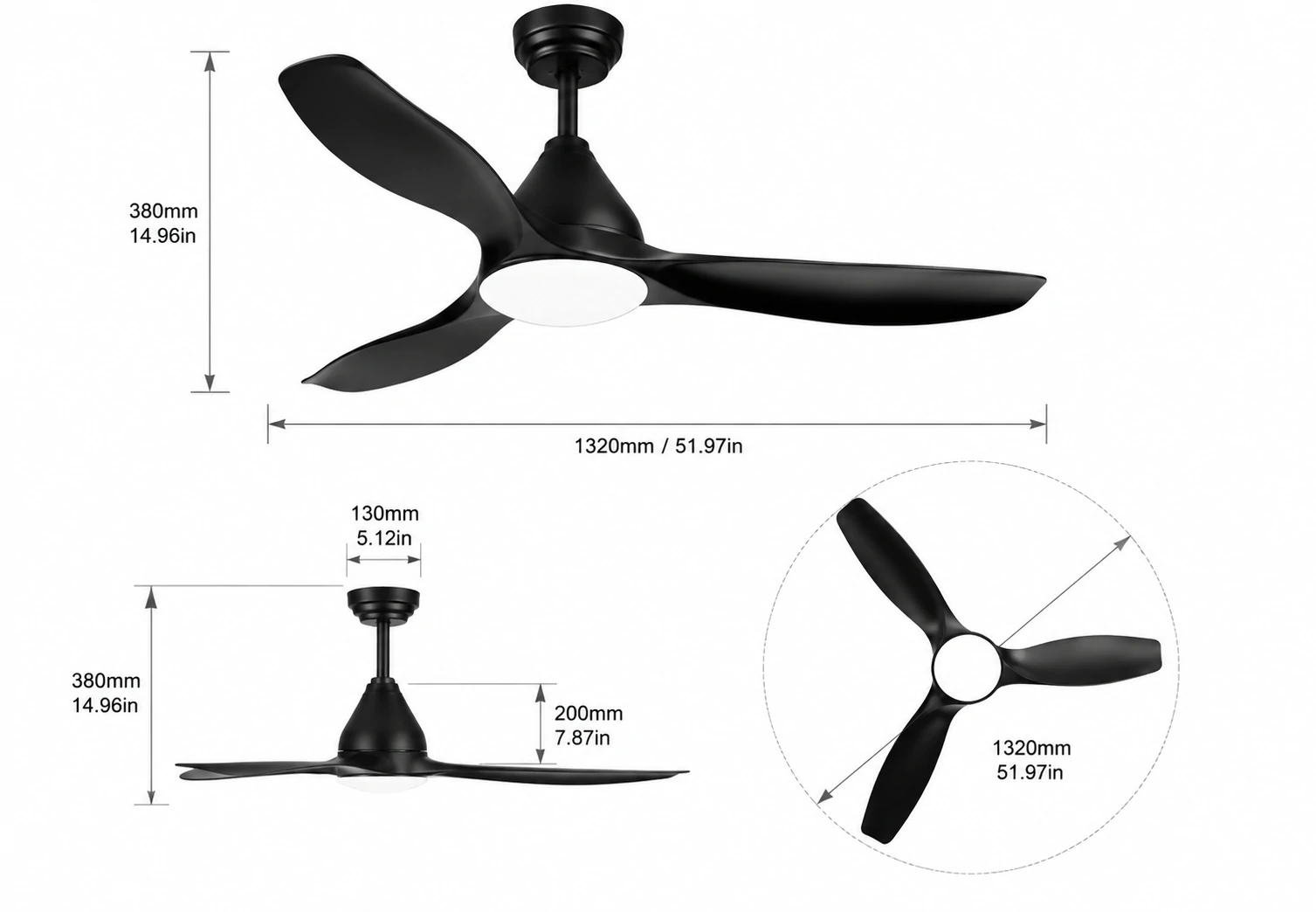 NE-SCFL16 52 inch ceiling fan dimensions