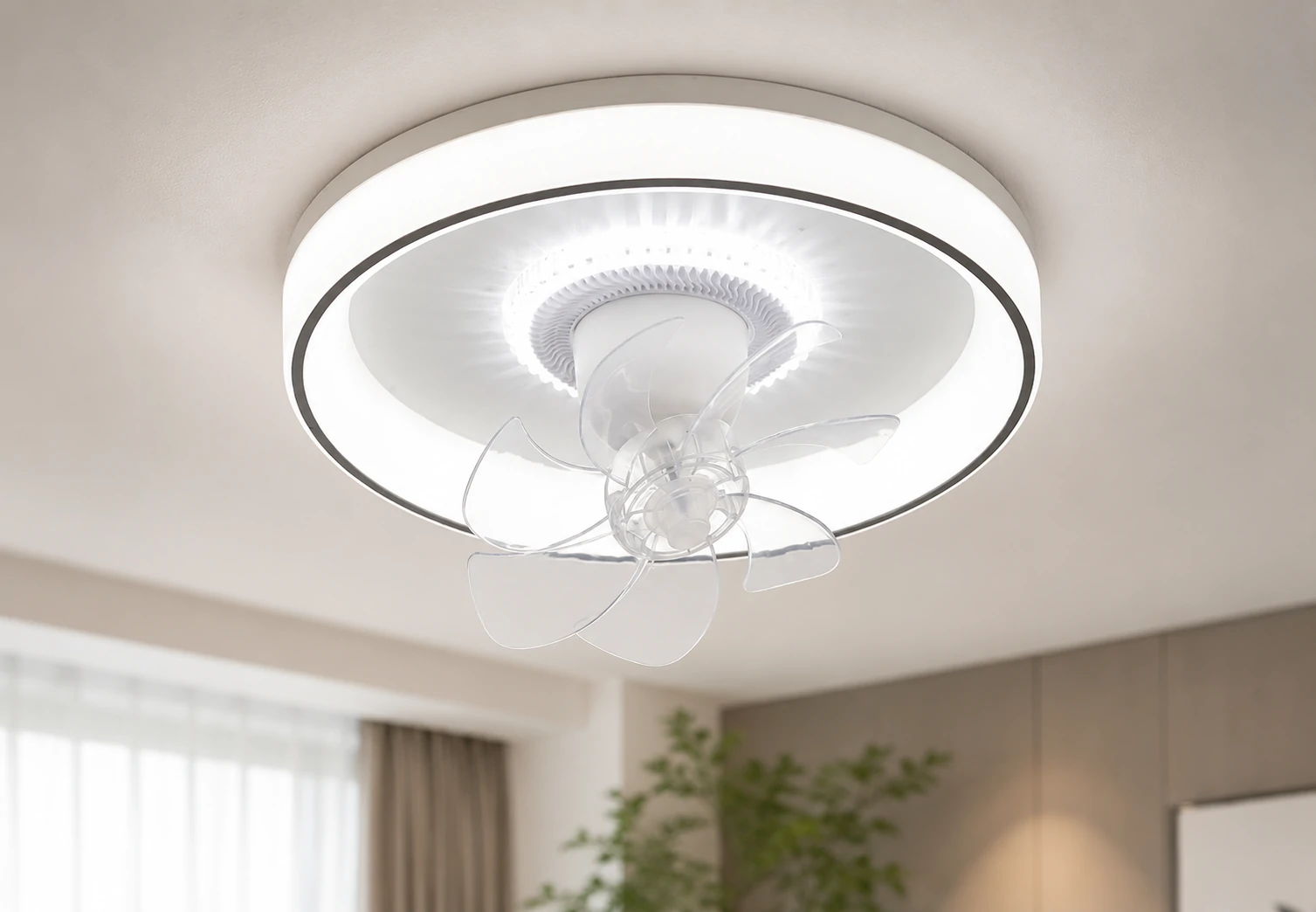 NE-RCFB39R outdoor ceiling light with integrated fan, alternate angle