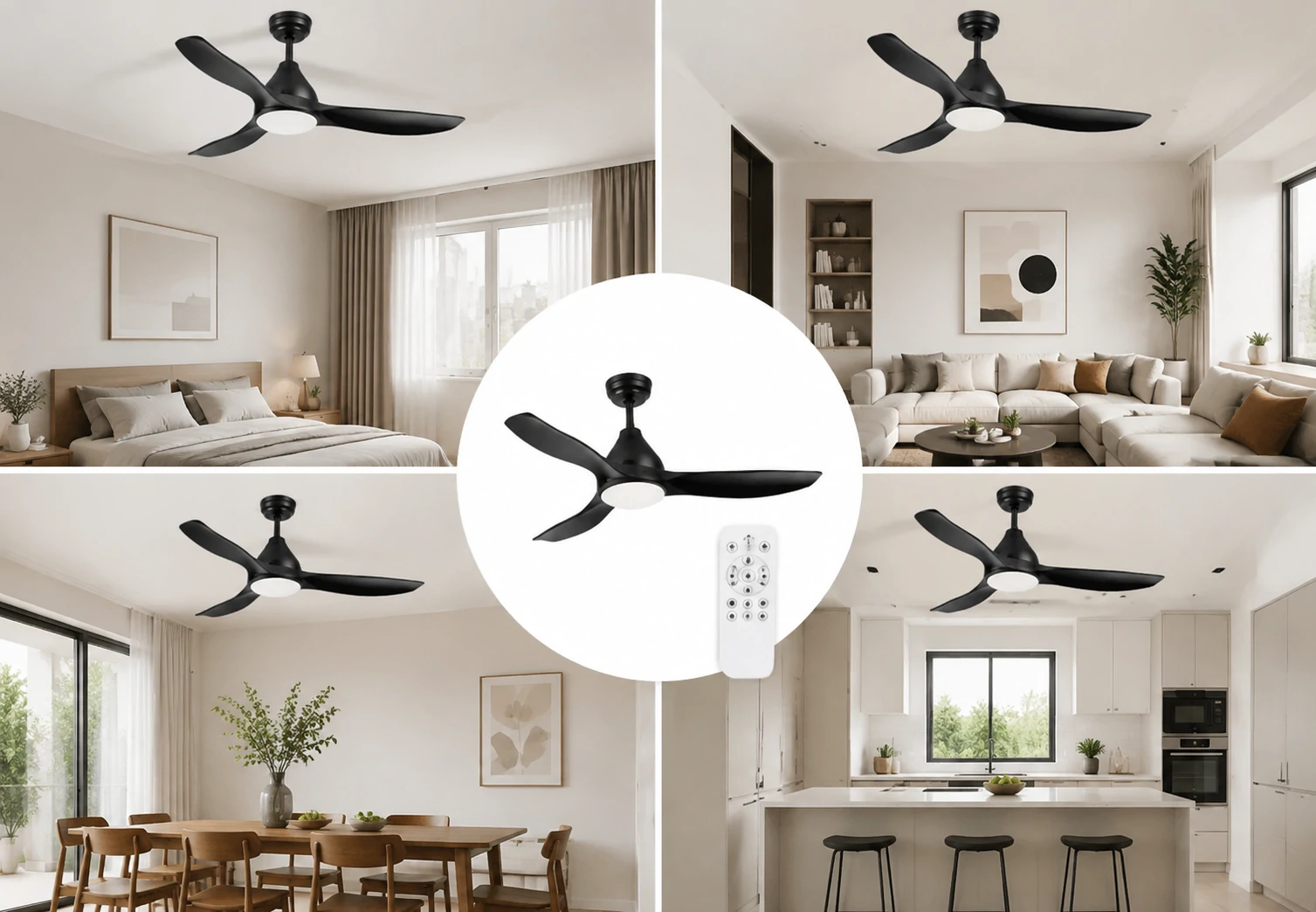 NE-SCFL16 black ceiling fan shown in an interior ceiling installation view