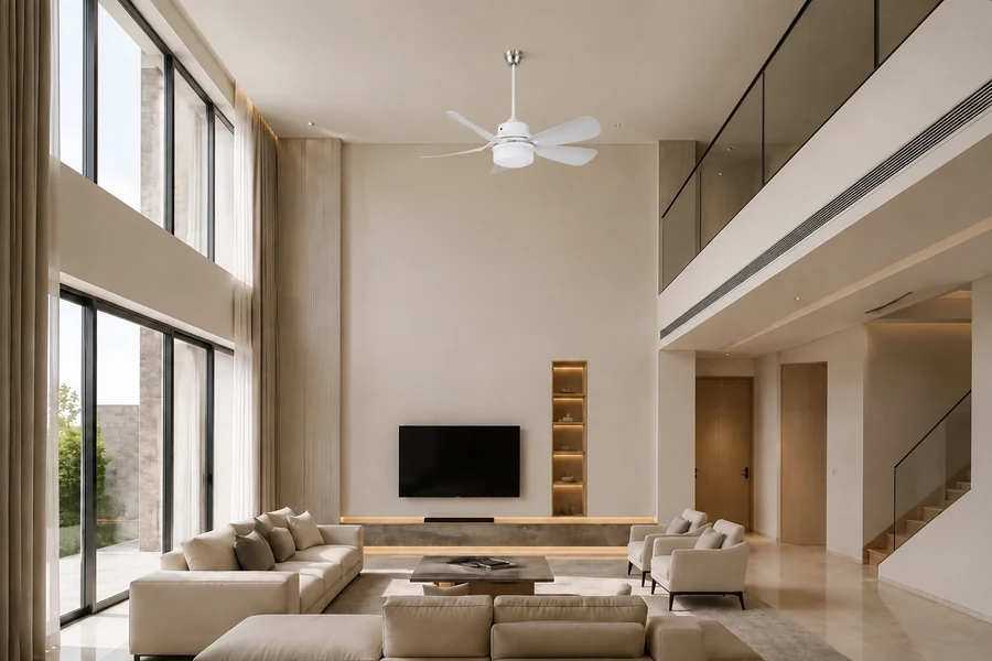 White straight-blade ceiling fan light in a double-height living room