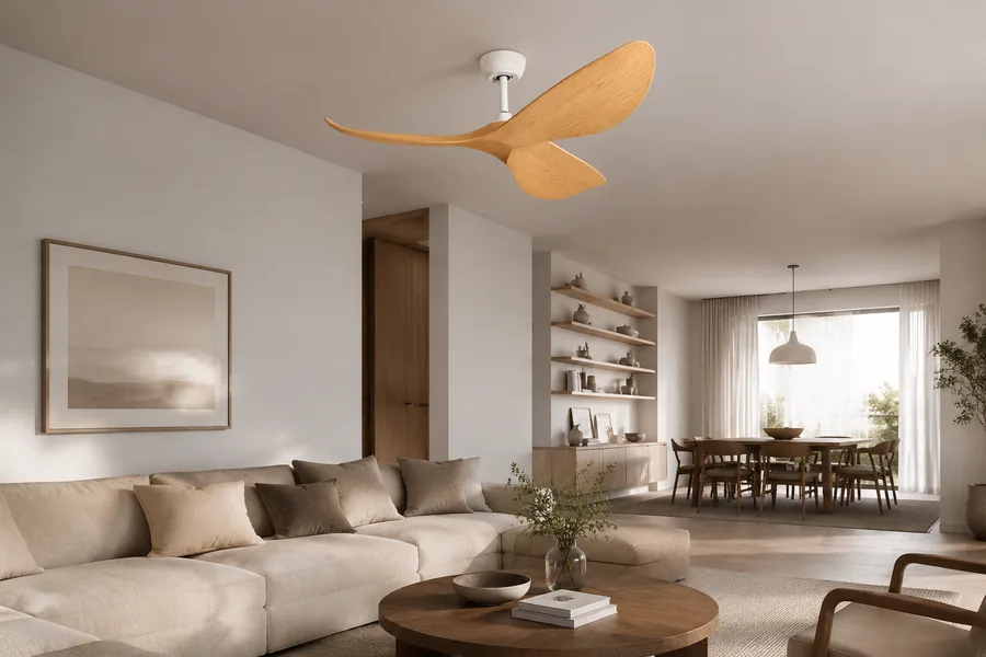 One ceiling fan serving a defined open concept living room zone