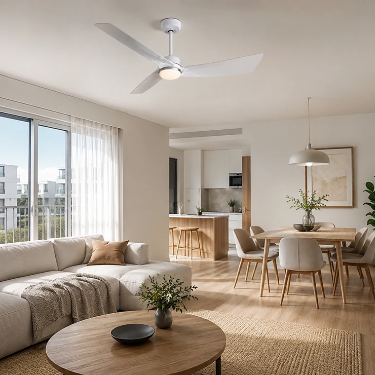 Ceiling fan light used in an open-plan apartment living and dining space