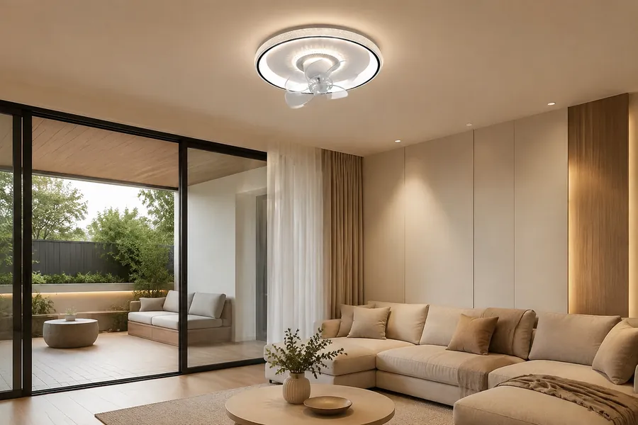 Open plan living room with patio transition and ceiling fan light