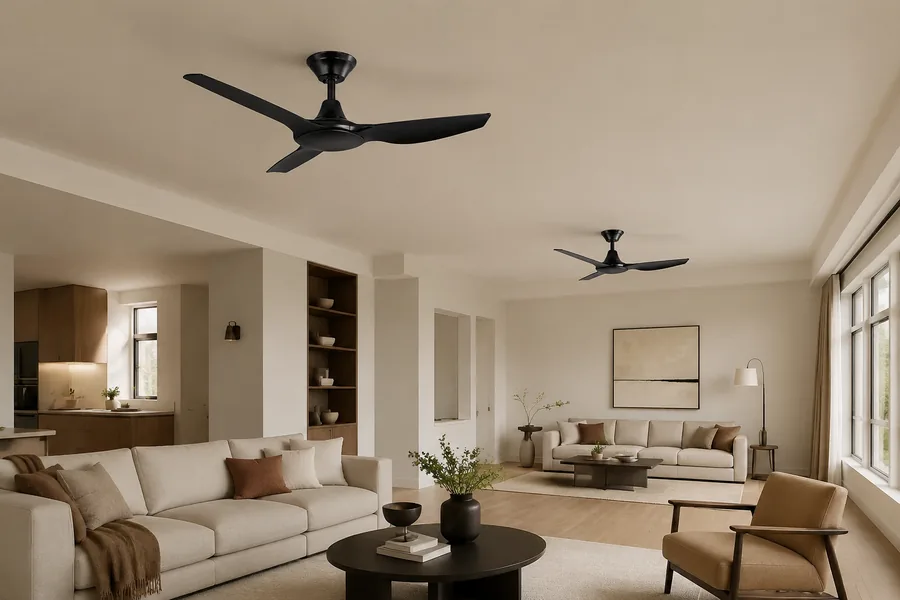 Two ceiling fans in living room with separate comfort zones