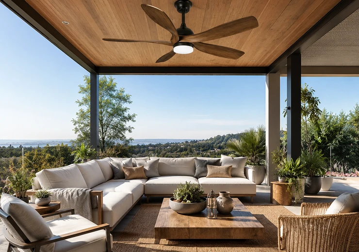 Outdoor ceiling fan solution for contemporary residential applications