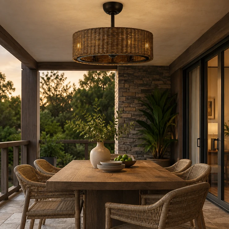 Contemporary outdoor dining area with an integrated patio ceiling fan light