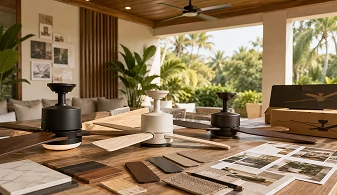Patio ceiling fan light product samples prepared for brand owner sourcing