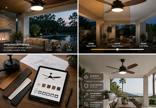 Integrated lighting options for a modern patio ceiling fan in a residential outdoor space