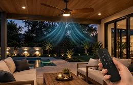 Patio ceiling fan light showing configurable lighting and control functions