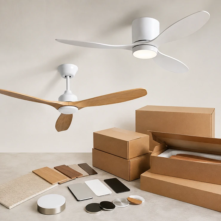 Custom finish and private label packaging for a patio ceiling fan product