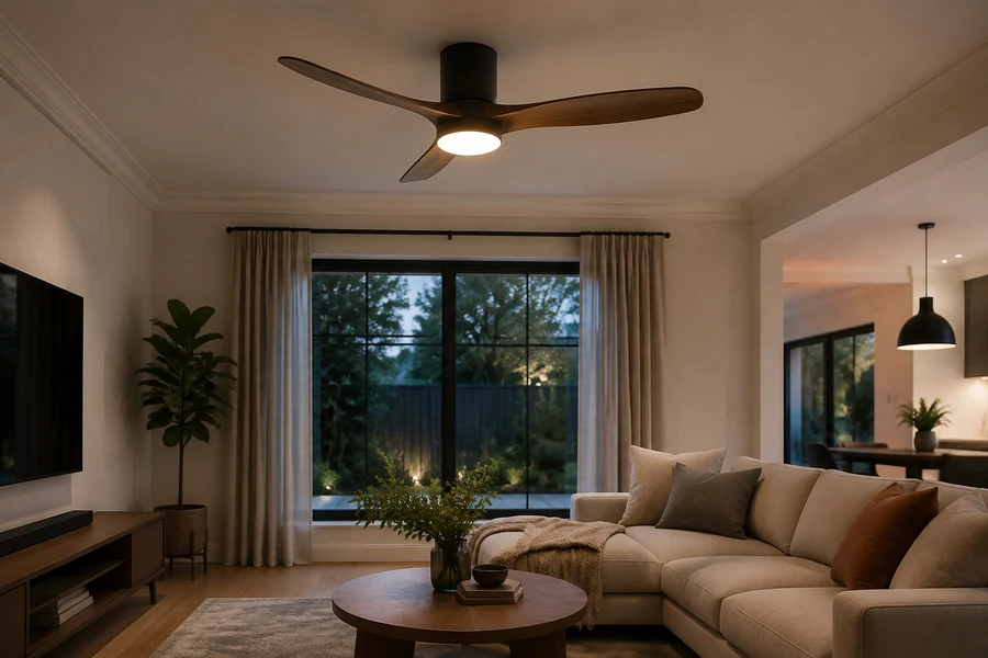 Quiet ceiling fan installation balance check for living rooms
