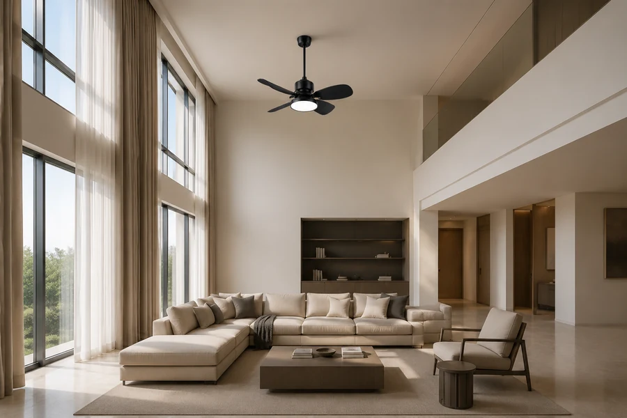 Black straight-blade ceiling fan light in a double-height living room