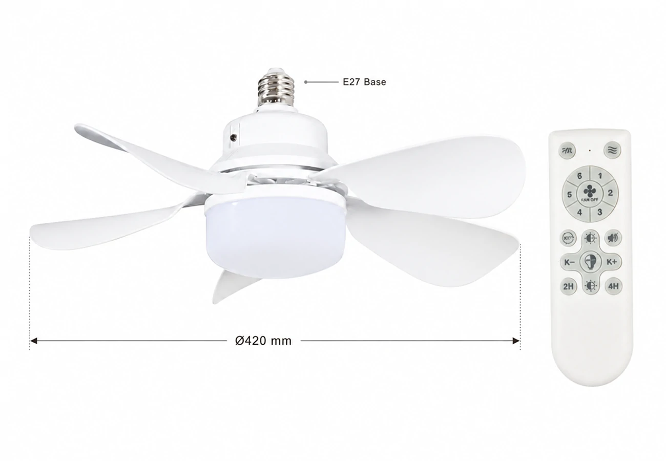 Remote controlled fan light E27 with adjustable speed function