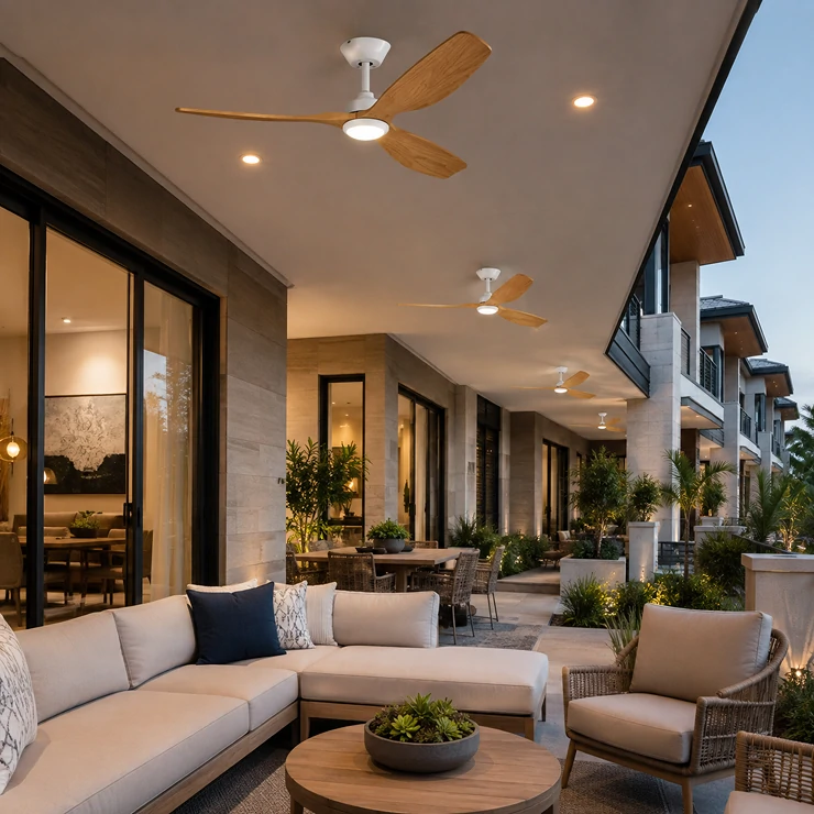 Residential outdoor project using coordinated ceiling fan light solutions