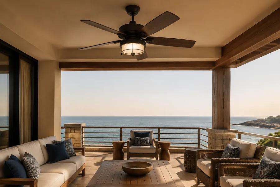 Resort ceiling fan for humid coastal and semi outdoor spaces