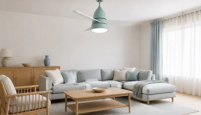 Scandinavian Mid-Century and Coastal ceiling fan styles shown in a bright home interior