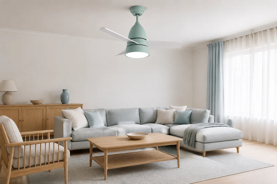 Scandinavian Mid-Century and Coastal ceiling fan styles shown in a bright home interior