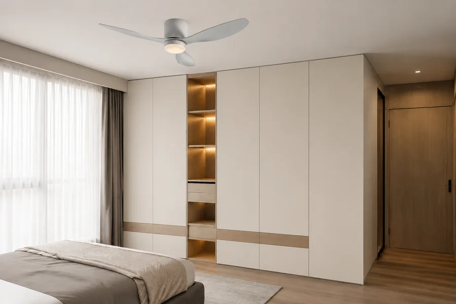 Small apartment storage planning with ceiling fan airflow