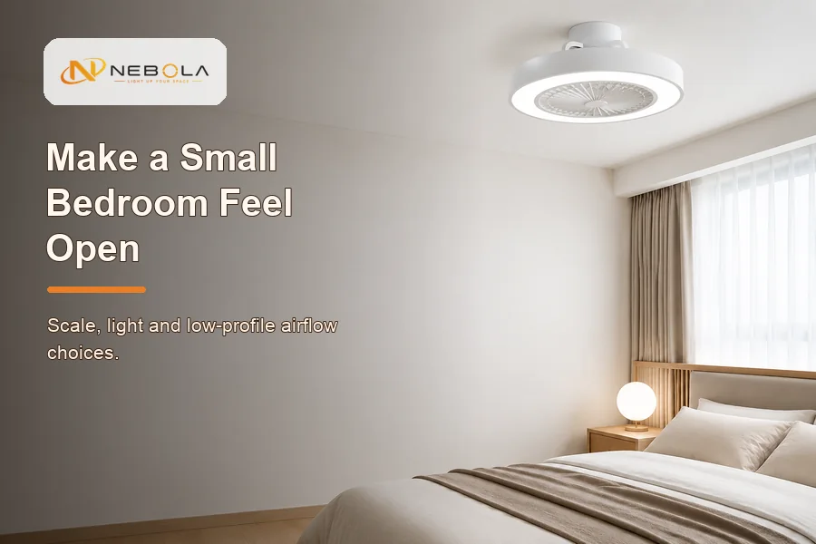 Small bedroom design ideas banner with NEBOLA logo and low profile fan light