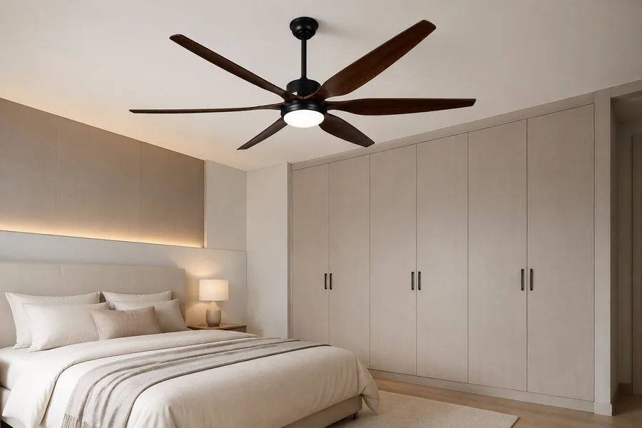 Small bedroom vertical storage with ceiling fan light