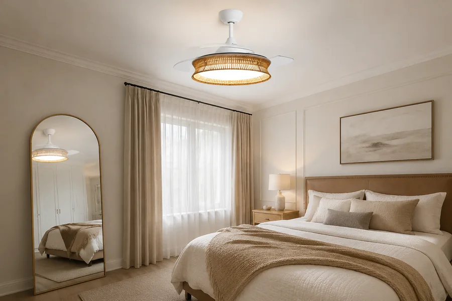 Small bedroom mirrors and textiles with soft fan light