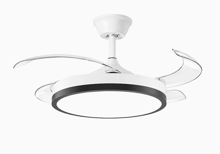 Smart-controlled ceiling fan light used in a connected modern apartment interior
