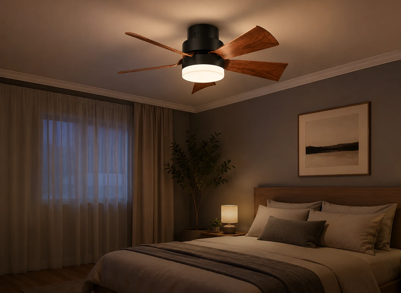 Compact socket fan light installed in a modern bedroom