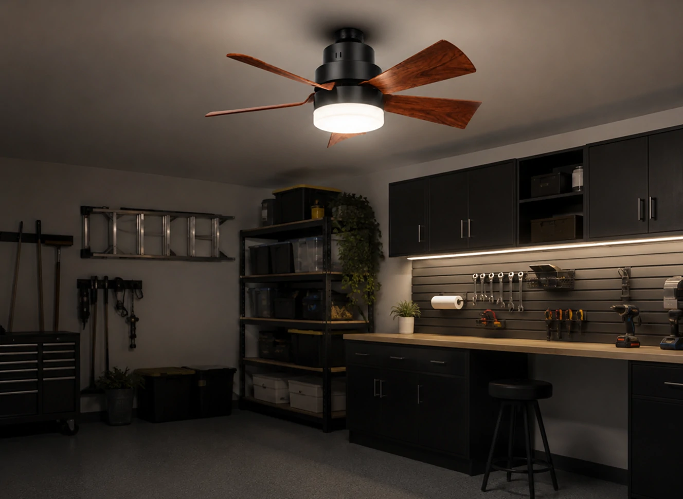Socket-mounted fan light used in a residential garage workspace