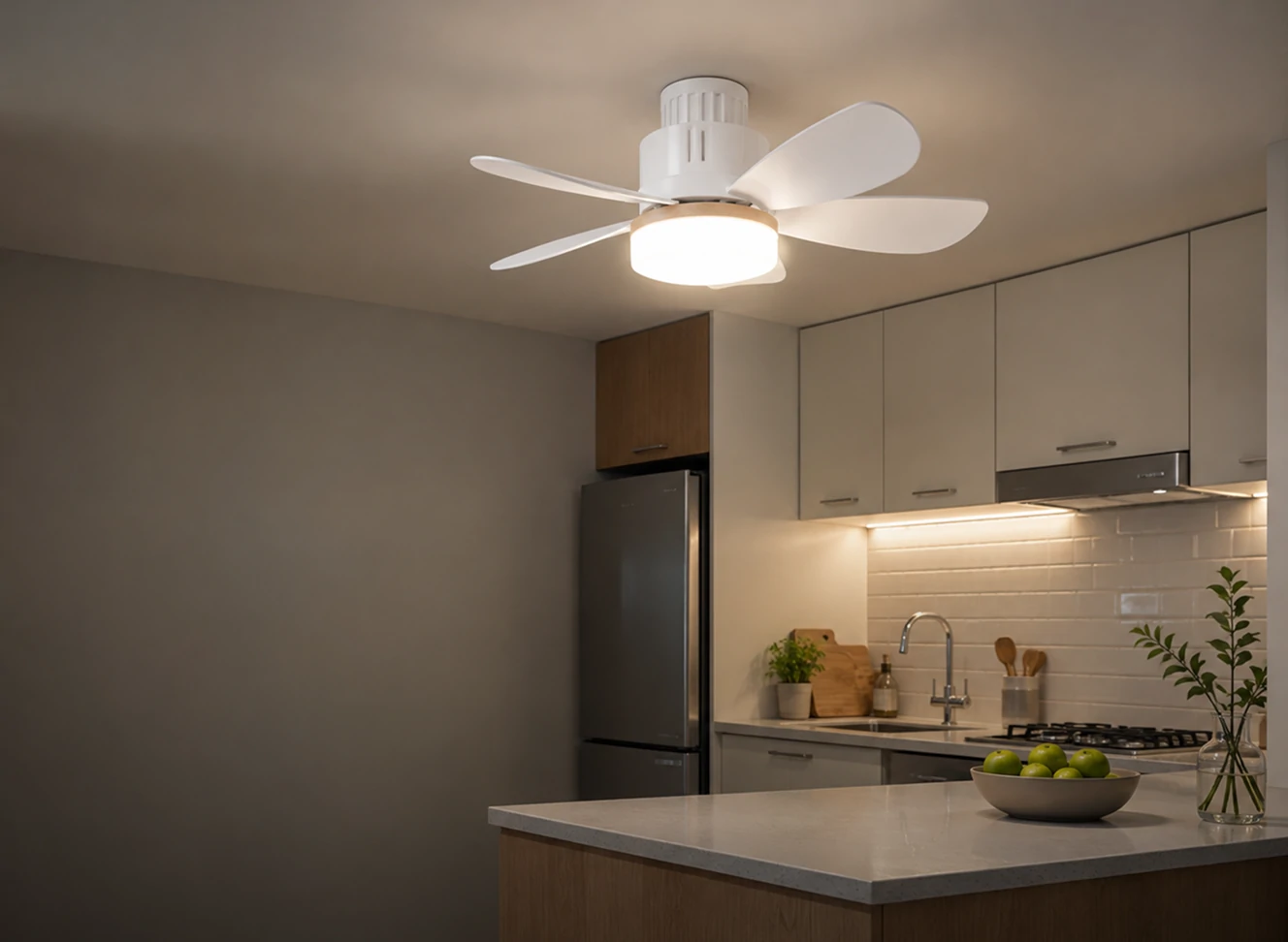 Light socket fan providing illumination and airflow in a compact kitchen