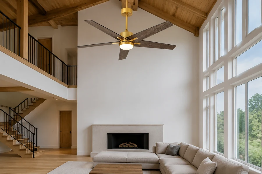 Why a standard ceiling fan struggles in a double-height living room
