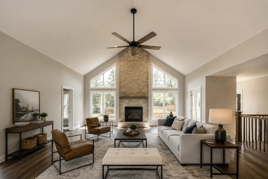 Vaulted living room ceiling fan size planning