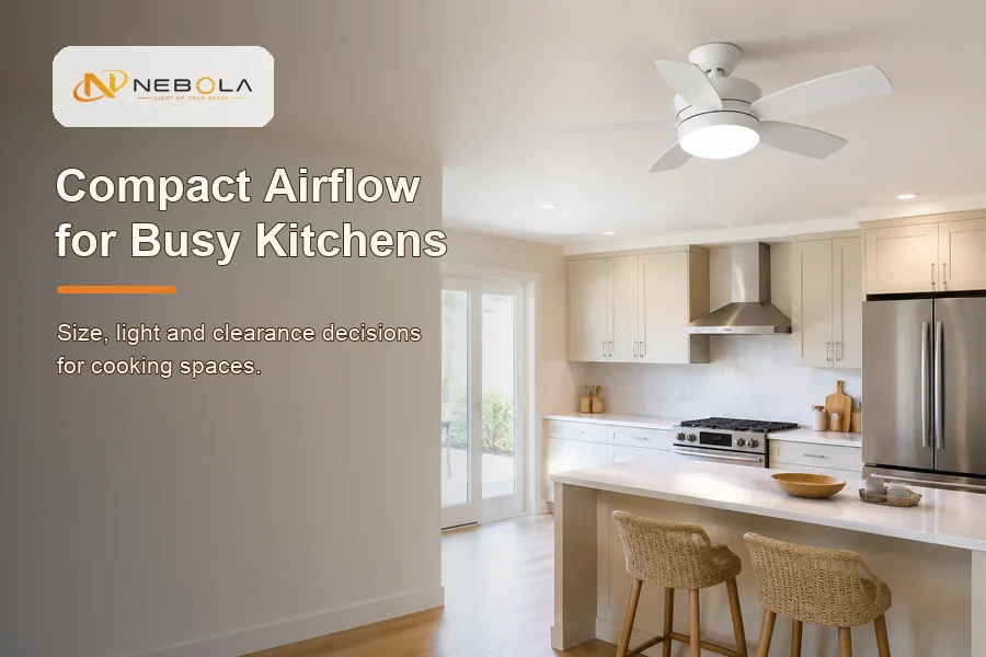 Kitchen ceiling fan size guide banner with NEBOLA logo and compact kitchen airflow planning